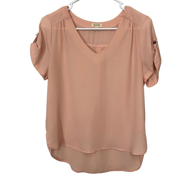 Lily White Tops - Lily White Peachy Pink‎ Short Tabbed Sleeves Chiffon Blouse Women's Size M